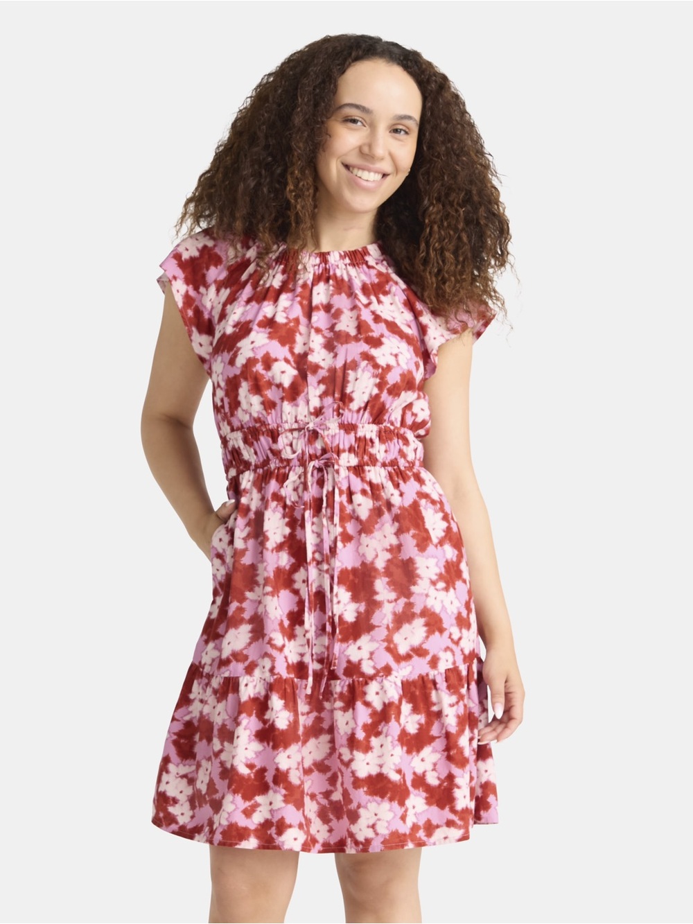 Women's Pink & Red Floral Tie-Waist Dress